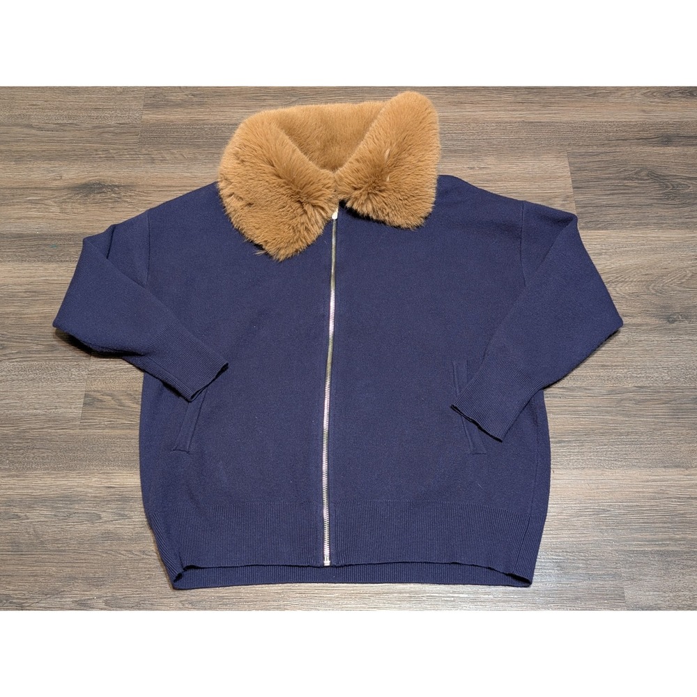 Saks Fifth Avenue Faux Fur Collar Zip Sweater Womens S Navy Blue Bomber READ